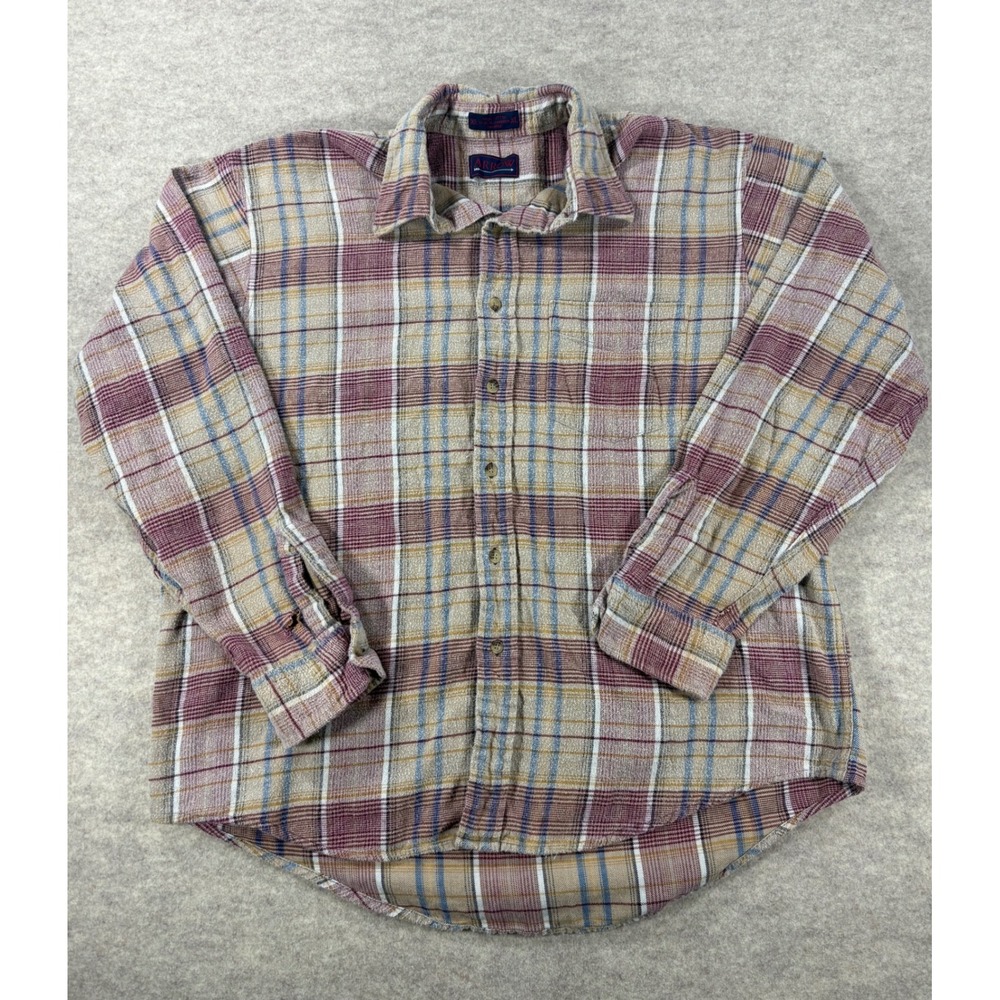 Arrow Mens XL Flannel Shirt Plaid Long Sleeve Button Down Cotton Burgundy Tan